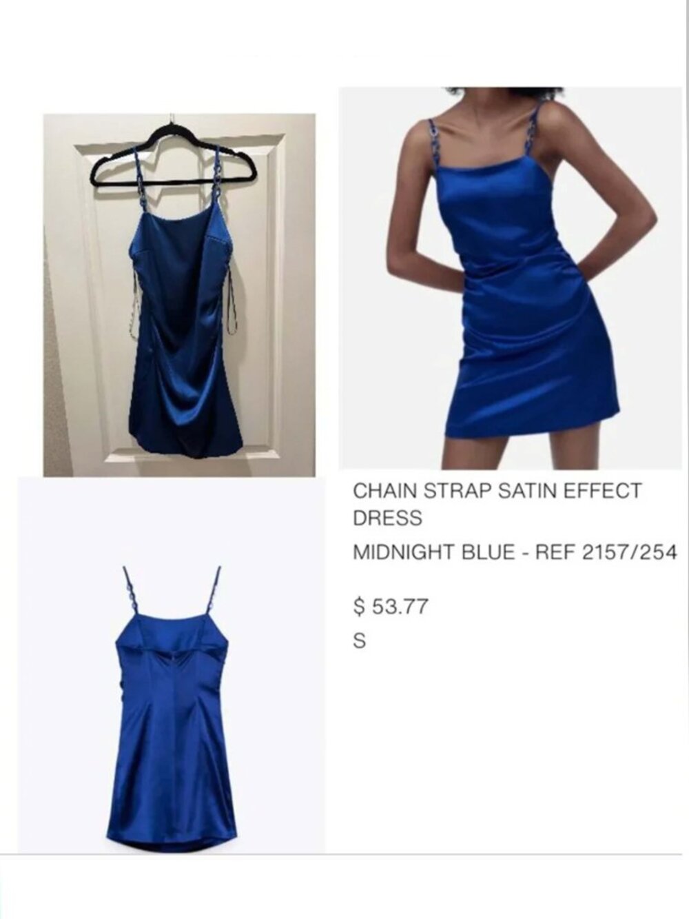 NWOT Zara Satin Effect Mini Dress Womens Blue Sleeveless Chain Strap SMALL